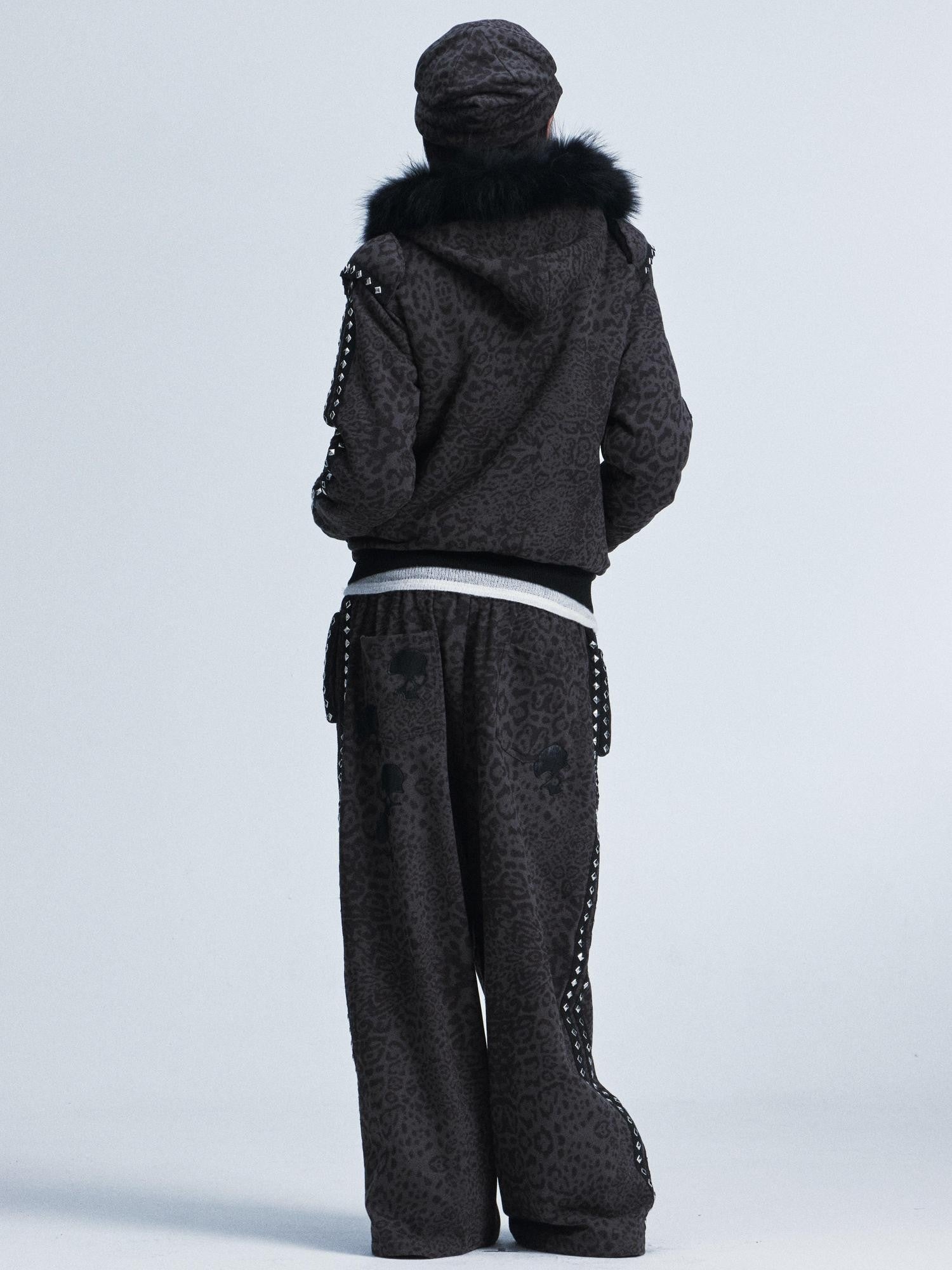 NONAME SPACE Leopard Padded Shoulder Fox Fur Collar Hooded Women&
