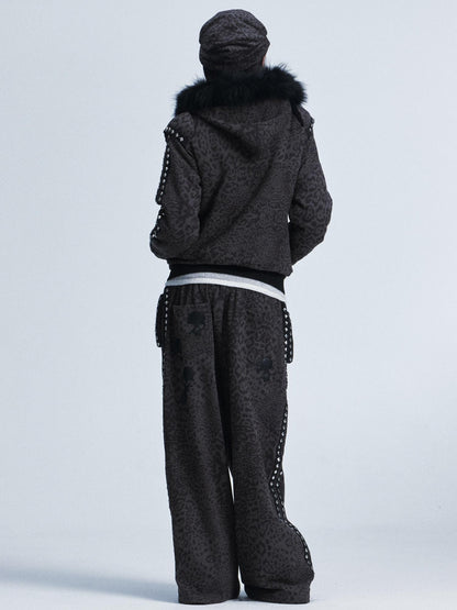 NONAME SPACE Leopard Padded Shoulder Fox Fur Collar Hooded Women&