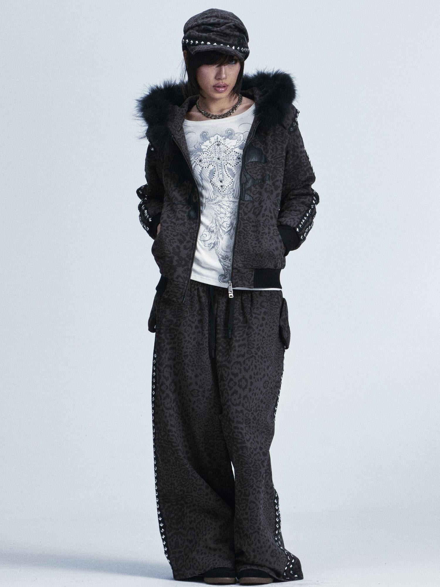NONAME SPACE Leopard Padded Shoulder Fox Fur Collar Hooded Women&