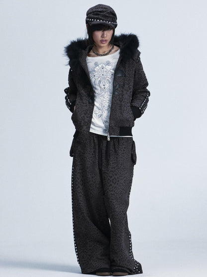 NONAME SPACE Leopard Padded Shoulder Fox Fur Collar Hooded Women&