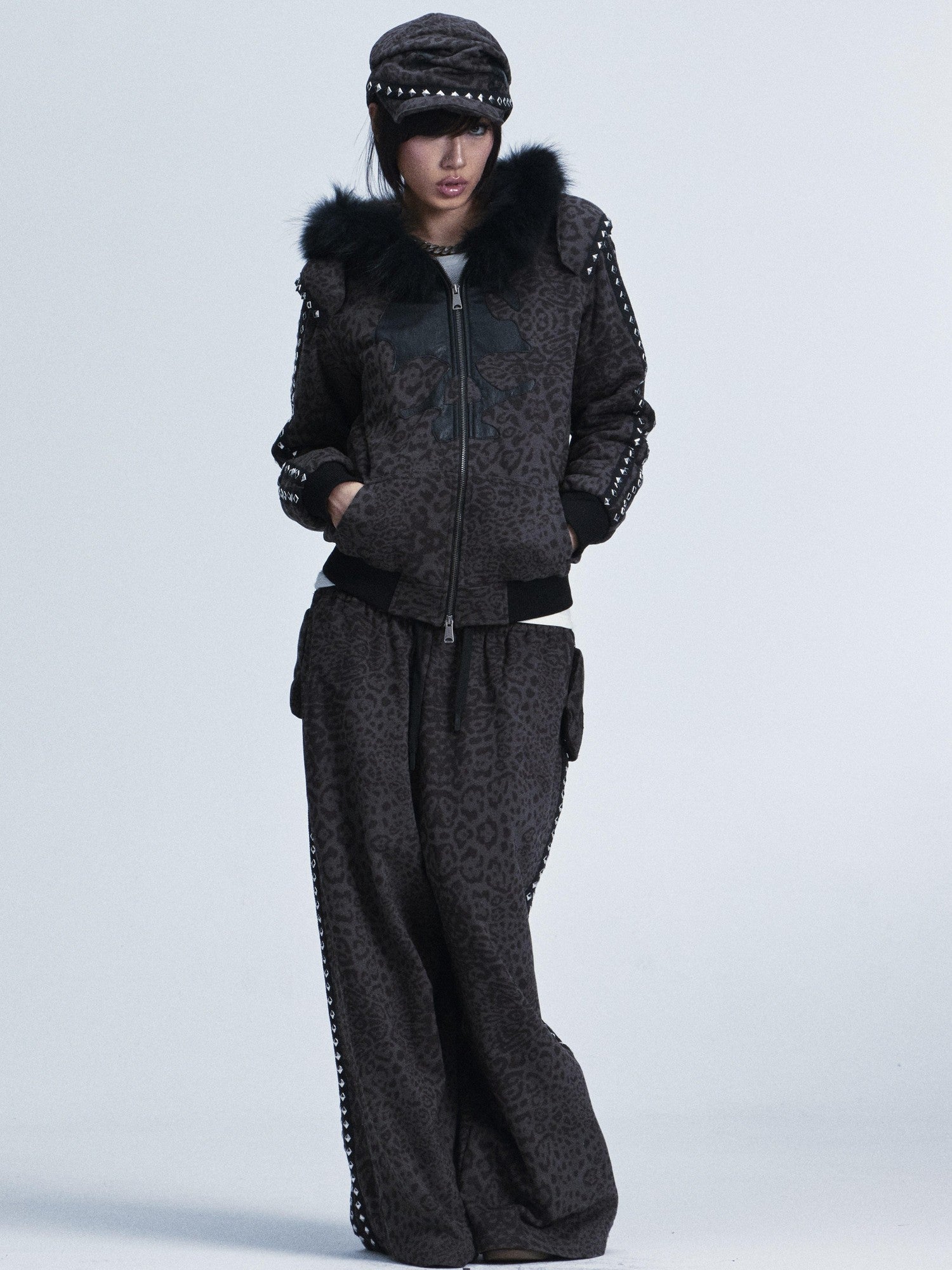 NONAME SPACE Leopard Padded Shoulder Fox Fur Collar Hooded Women&