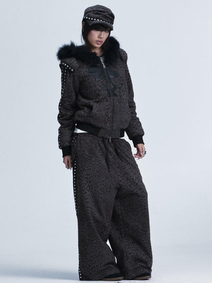 NONAME SPACE Leopard Padded Shoulder Fox Fur Collar Hooded Women&