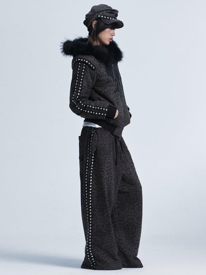 NONAME SPACE Leopard Padded Shoulder Fox Fur Collar Hooded Women&