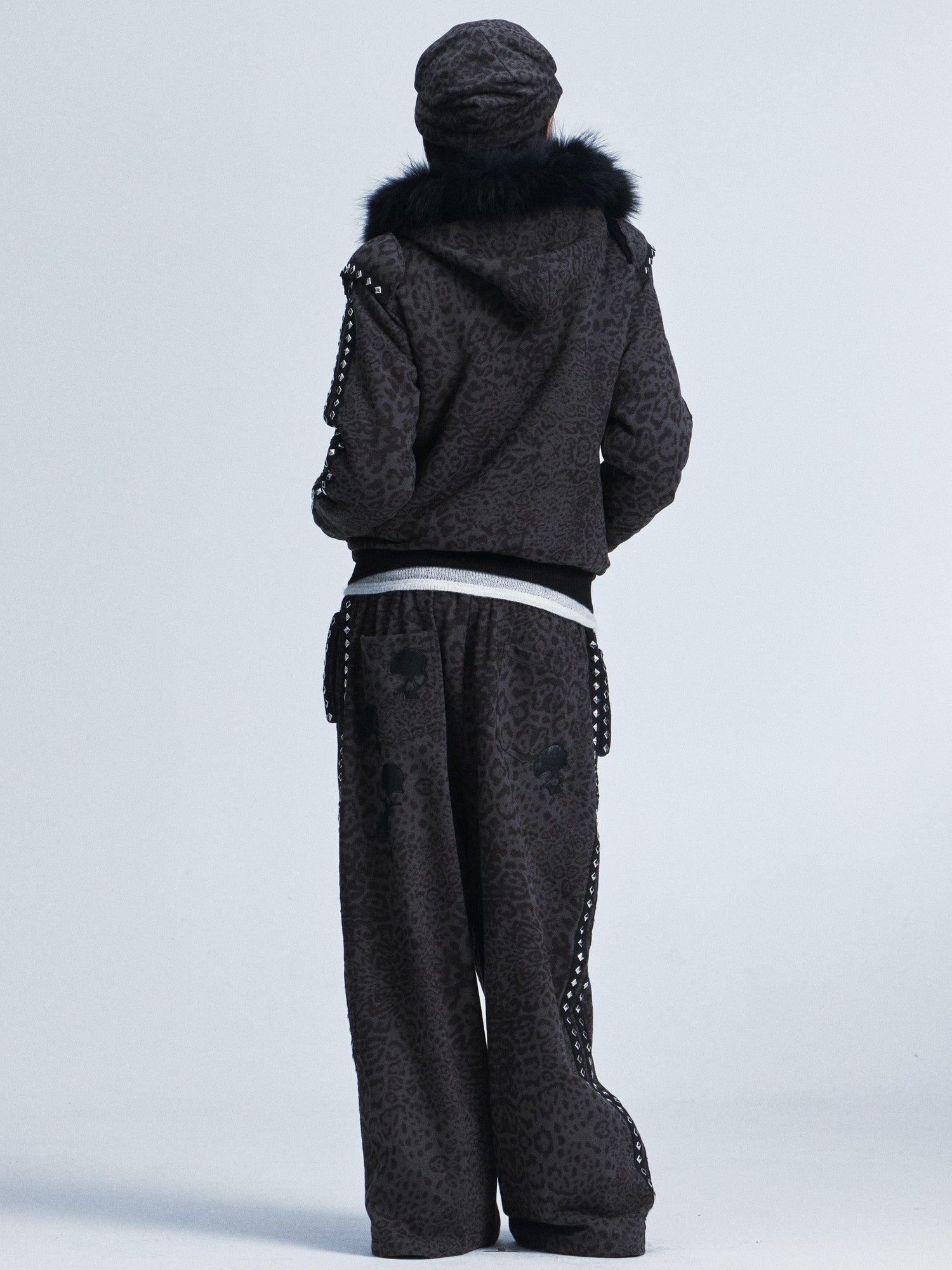 NONAME SPACE Leopard Padded Shoulder Fox Fur Collar Hooded Women&