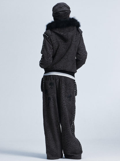 NONAME SPACE Leopard Padded Shoulder Fox Fur Collar Hooded Women&