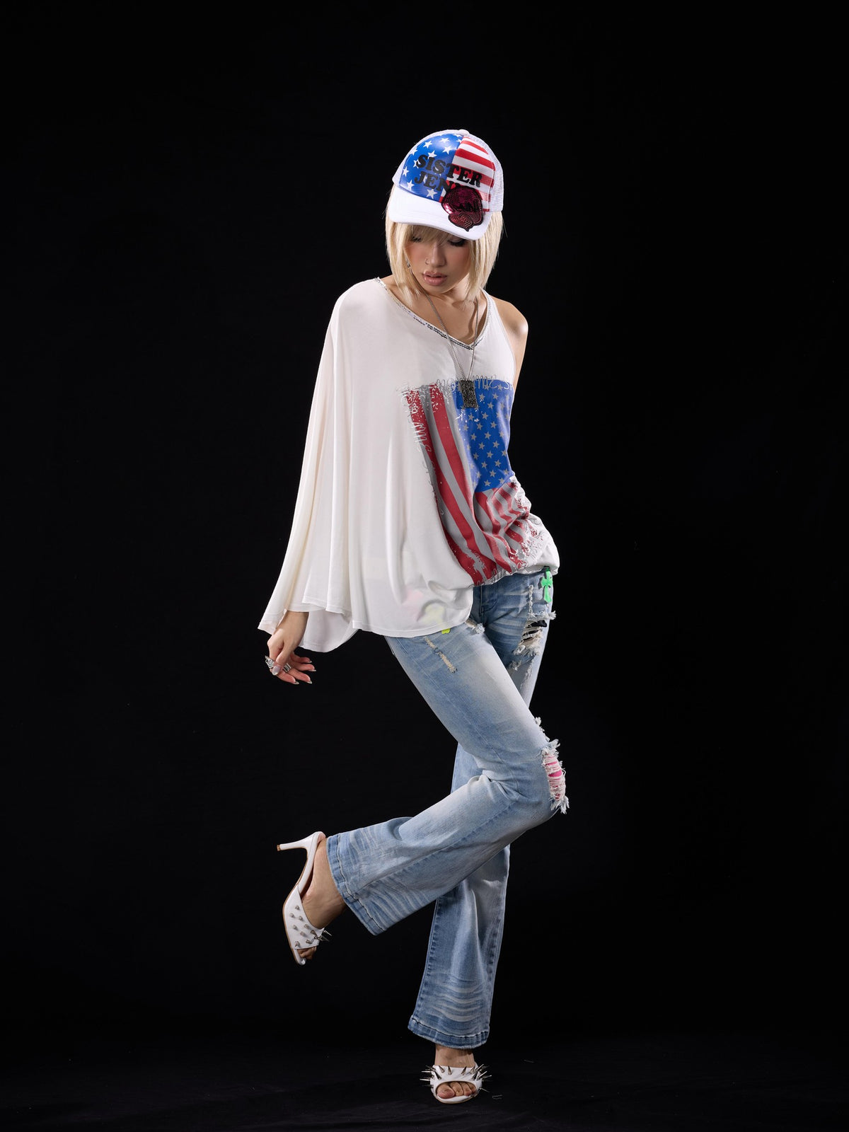 NONAME SPACE Light Wash Distressed Cross Patch Stretch Women&