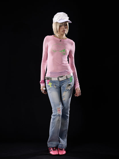 NONAME SPACE Light Wash Distressed Cross Patch Stretch Women&