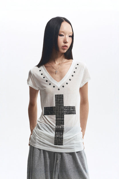 NONAME_SPACE_Loose_Fit_Cross_Rhinestone_Rivet_V-neck_Women&