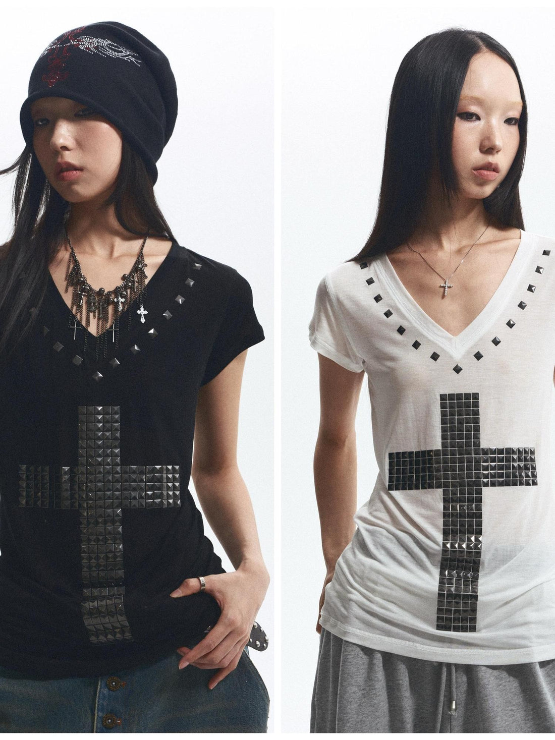 NONAME SPACE Loose Fit Cross Rhinestone Rivet V-neck Women&