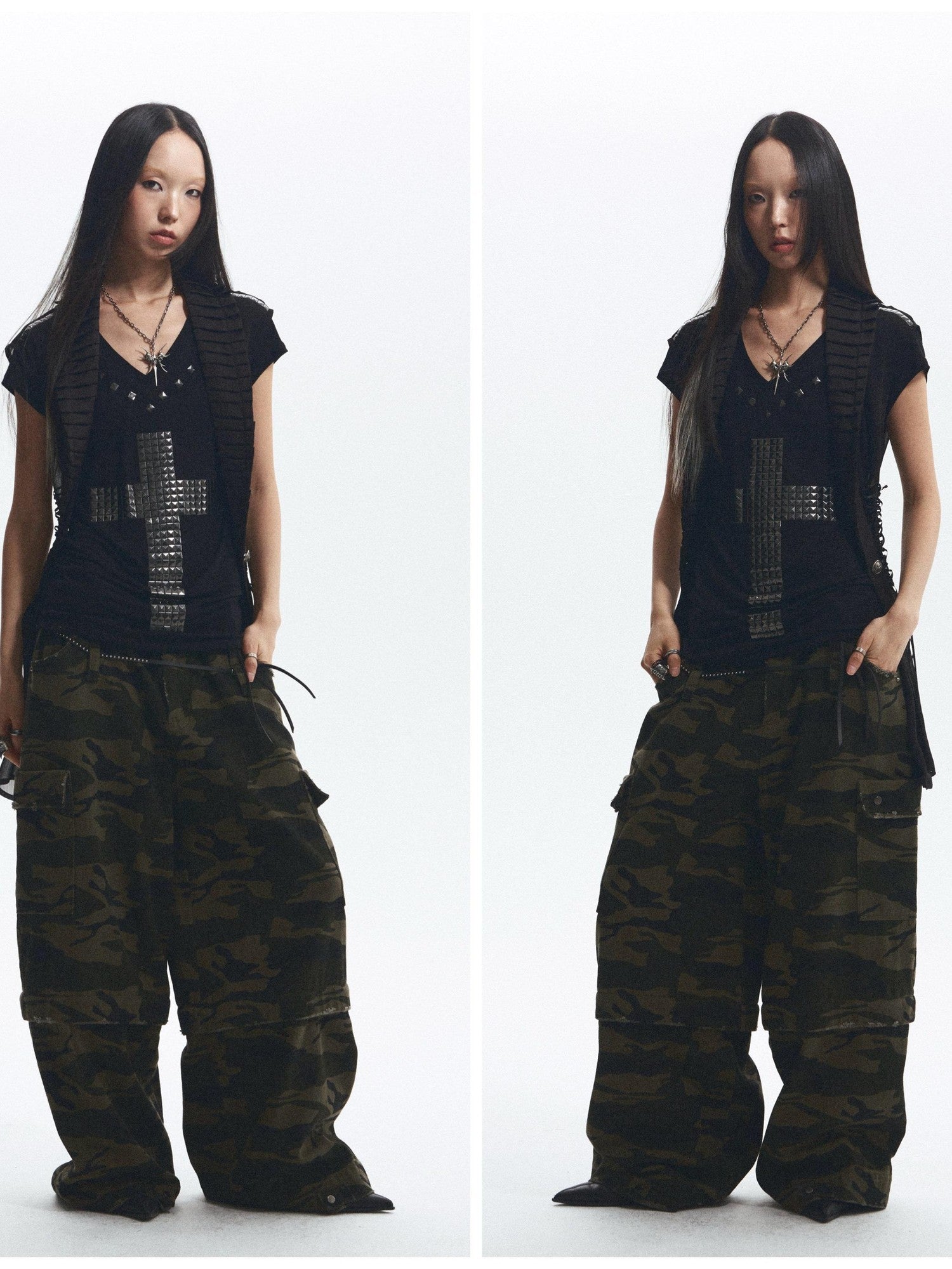 NONAME SPACE Loose Fit Cross Rhinestone Rivet V-neck Women&