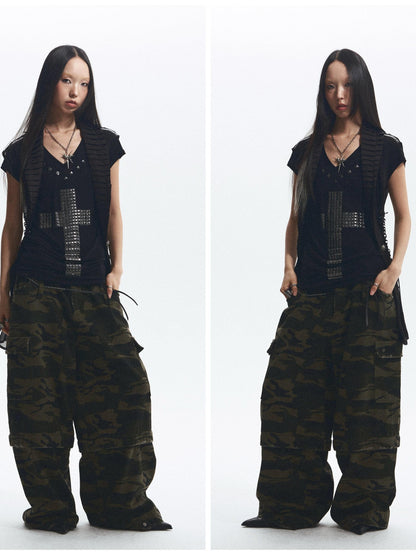 NONAME SPACE Loose Fit Cross Rhinestone Rivet V-neck Women&