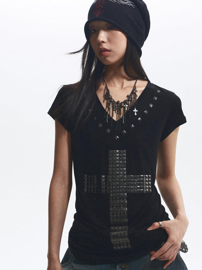 NONAME SPACE Loose Fit Cross Rhinestone Rivet V-neck Women&