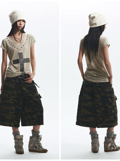 NONAME SPACE Loose Fit Cross Rhinestone Rivet V-neck Women&