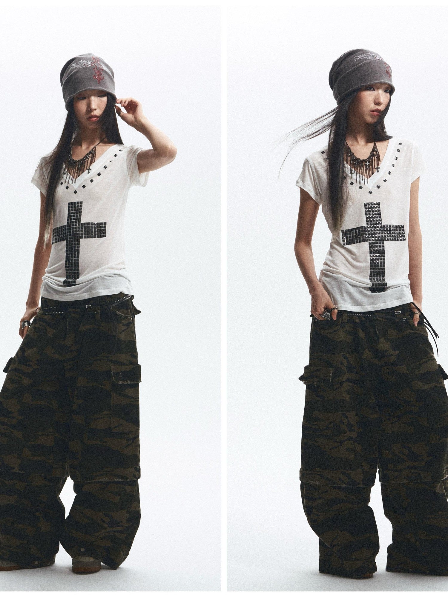NONAME SPACE Loose Fit Cross Rhinestone Rivet V-neck Women&