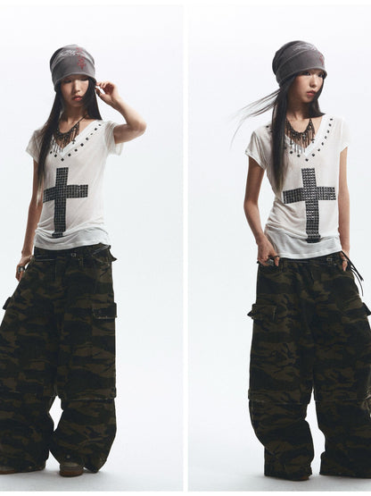 NONAME SPACE Loose Fit Cross Rhinestone Rivet V-neck Women&