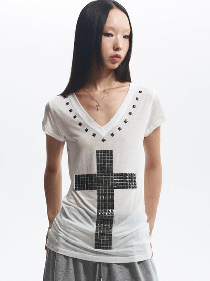 NONAME SPACE Loose Fit Cross Rhinestone Rivet V-neck Women&