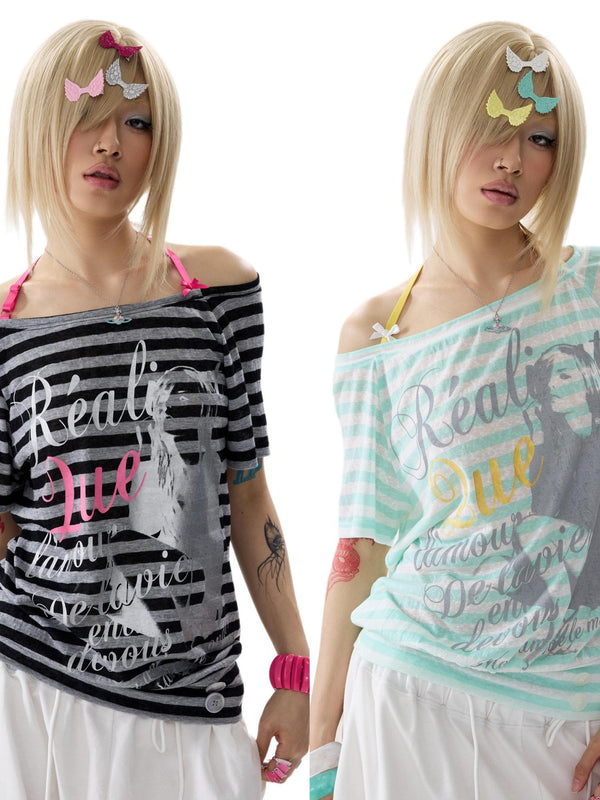 Mint Striped One Shoulder Halter Bow Tie Hem Women's Short Sleeve T-shirts
