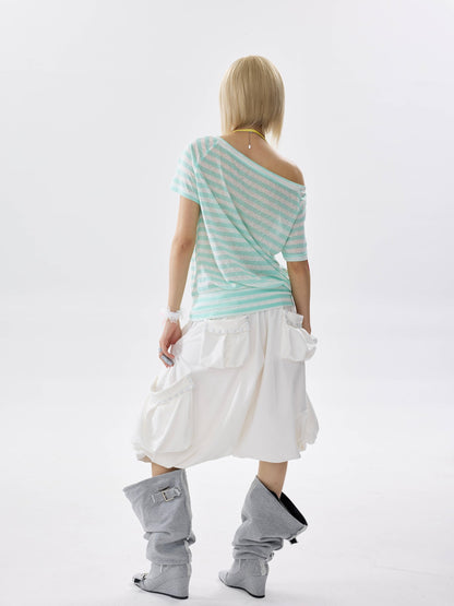 NONAME SPACE Mint Striped One Shoulder Halter Bow Tie Hem Women&