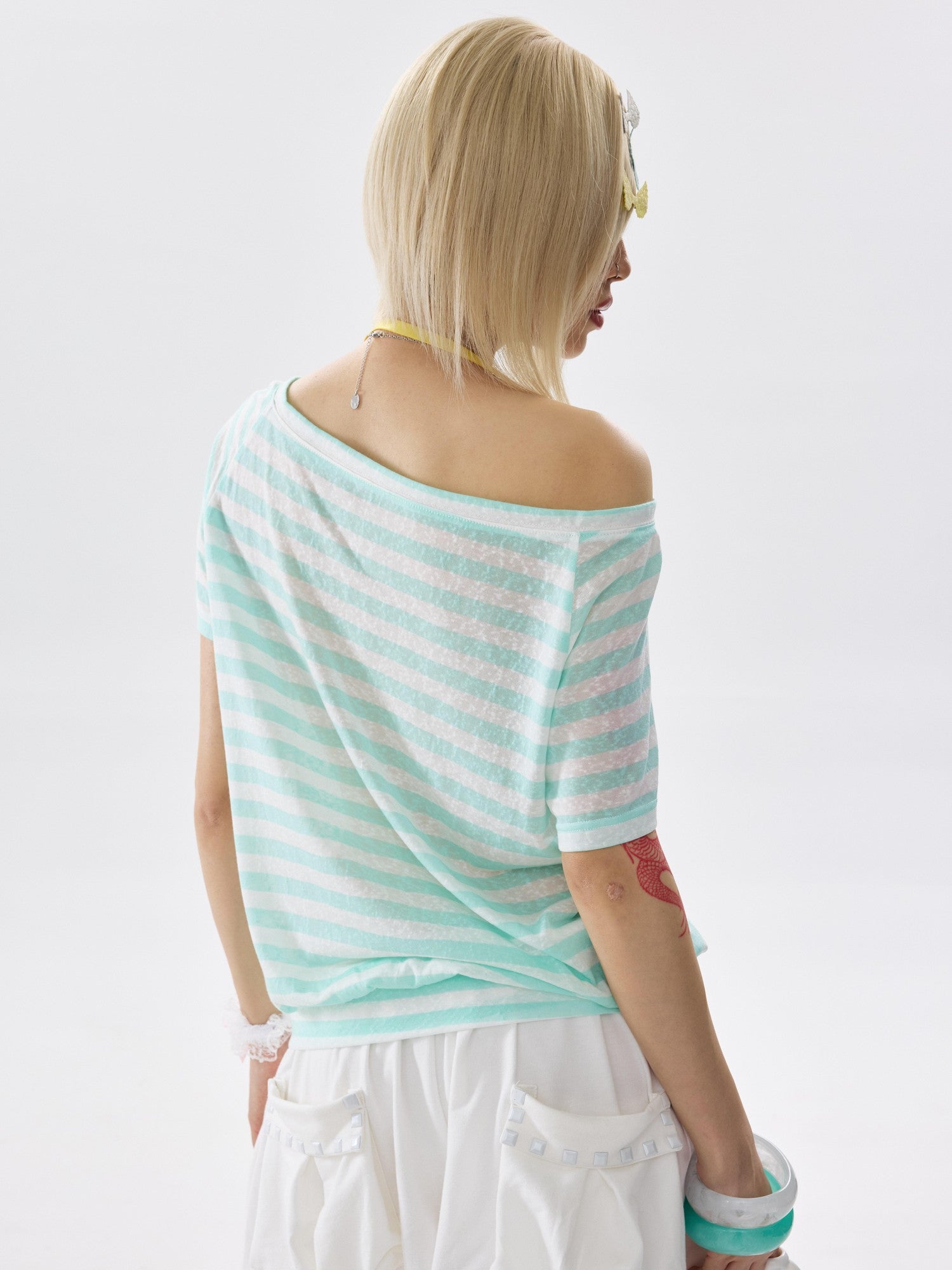 NONAME SPACE Mint Striped One Shoulder Halter Bow Tie Hem Women&