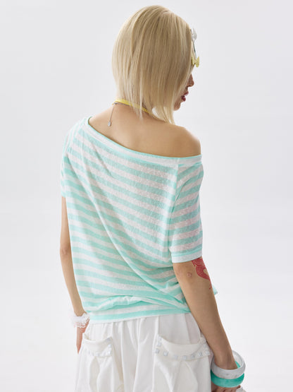 NONAME SPACE Mint Striped One Shoulder Halter Bow Tie Hem Women&