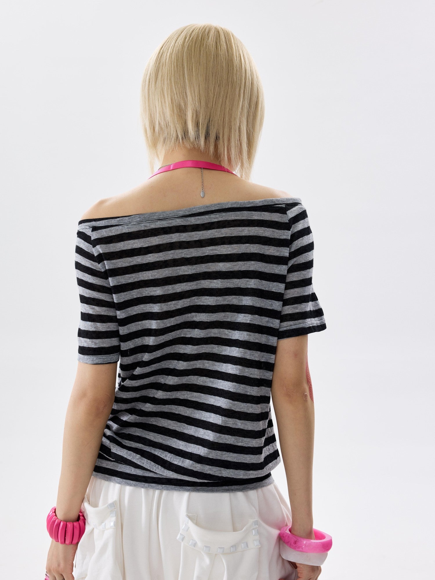 NONAME SPACE Mint Striped One Shoulder Halter Bow Tie Hem Women&