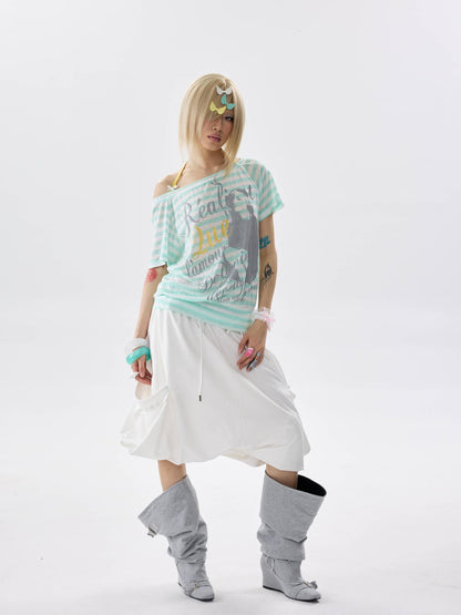 NONAME SPACE Mint Striped One Shoulder Halter Bow Tie Hem Women&