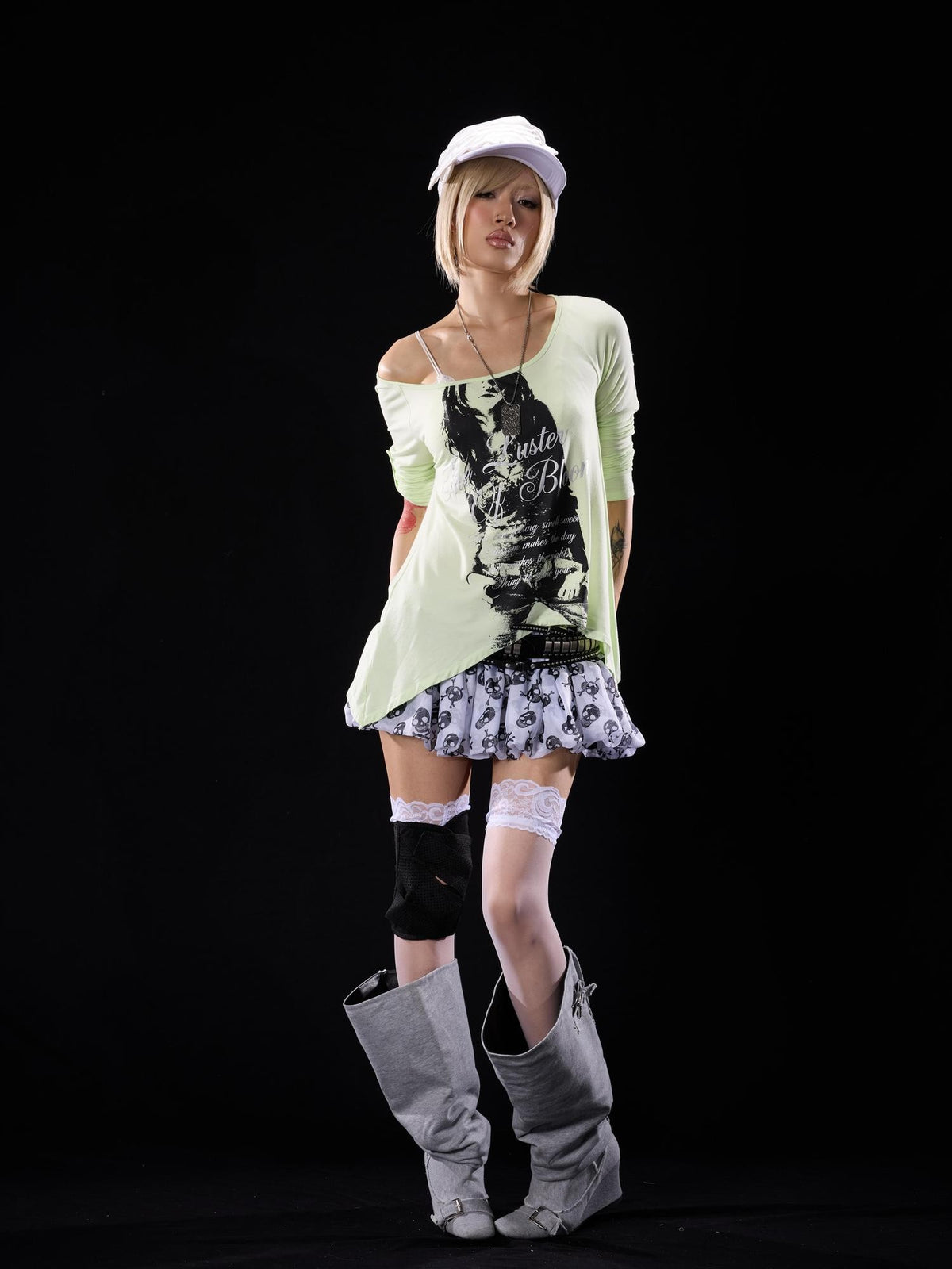 NONAME SPACE Punk Skull Sequin Chiffon Bubble Hem Low Waist Women&