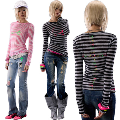 NONAME_SPACE_Punk_Skull_Striped_Colorblock_Print_Slim_Fit_Women&