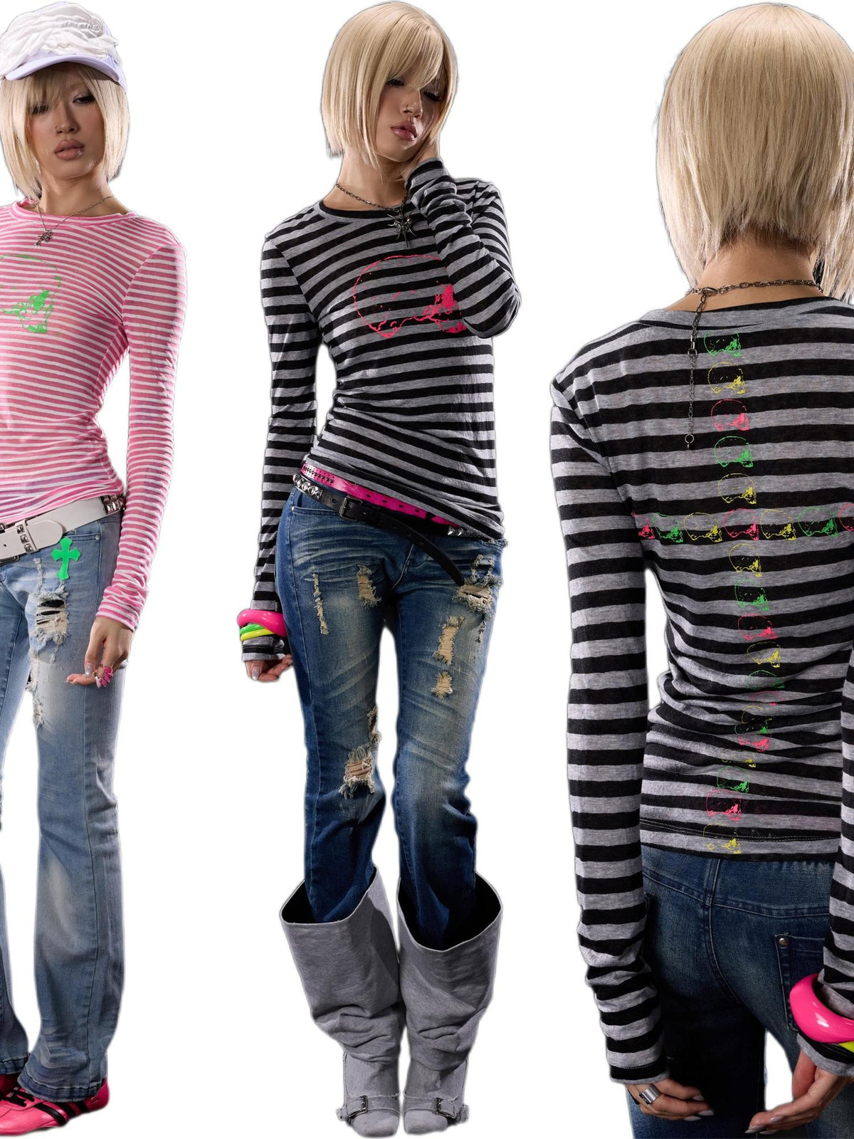 NONAME SPACE Punk Skull Striped Colorblock Print Slim Fit Women&