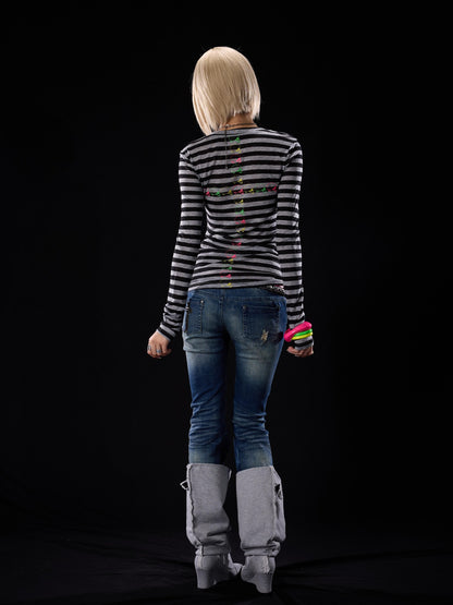 NONAME SPACE Punk Skull Striped Colorblock Print Slim Fit Women&