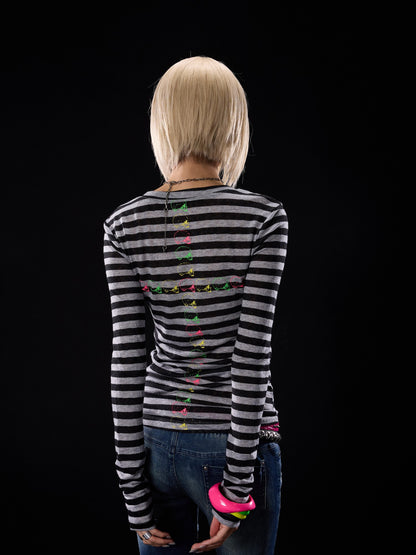 NONAME SPACE Punk Skull Striped Colorblock Print Slim Fit Women&