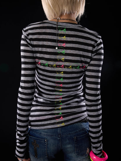 NONAME SPACE Punk Skull Striped Colorblock Print Slim Fit Women&