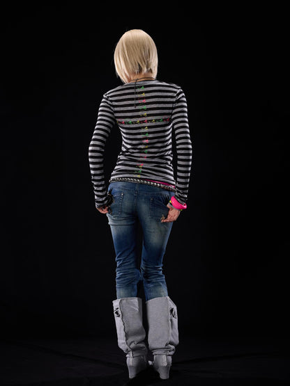 NONAME SPACE Punk Skull Striped Colorblock Print Slim Fit Women&