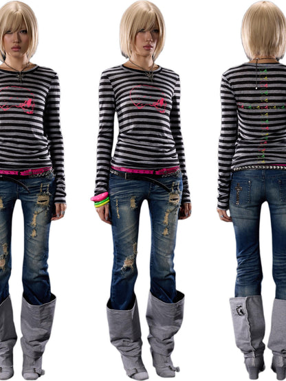 NONAME SPACE Punk Skull Striped Colorblock Print Slim Fit Women&