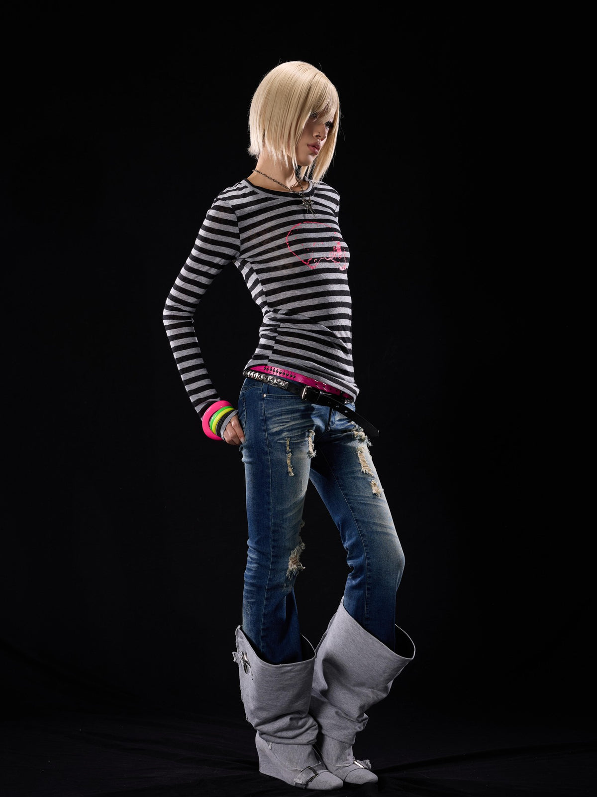 NONAME SPACE Punk Skull Striped Colorblock Print Slim Fit Women&