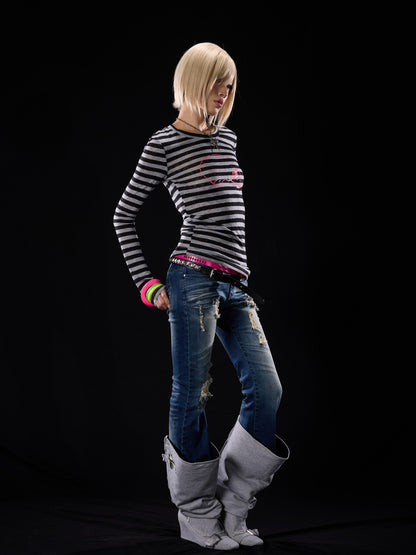 NONAME SPACE Punk Skull Striped Colorblock Print Slim Fit Women&