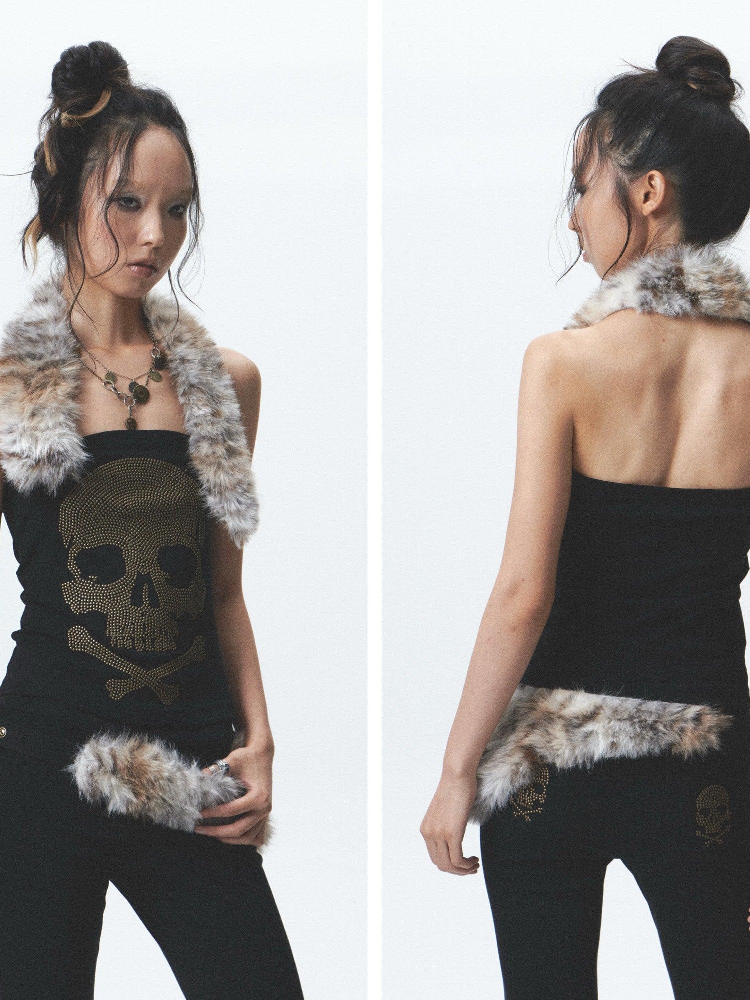 NONAME SPACE Rhinestone Detachable Two Tone Plush Splice Women&