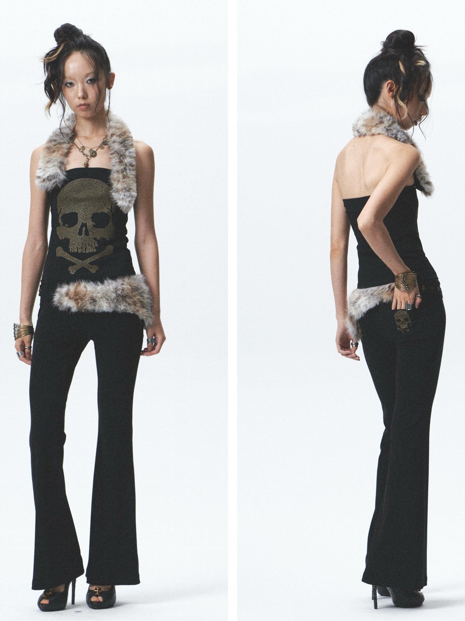 NONAME SPACE Rhinestone Detachable Two Tone Plush Splice Women&