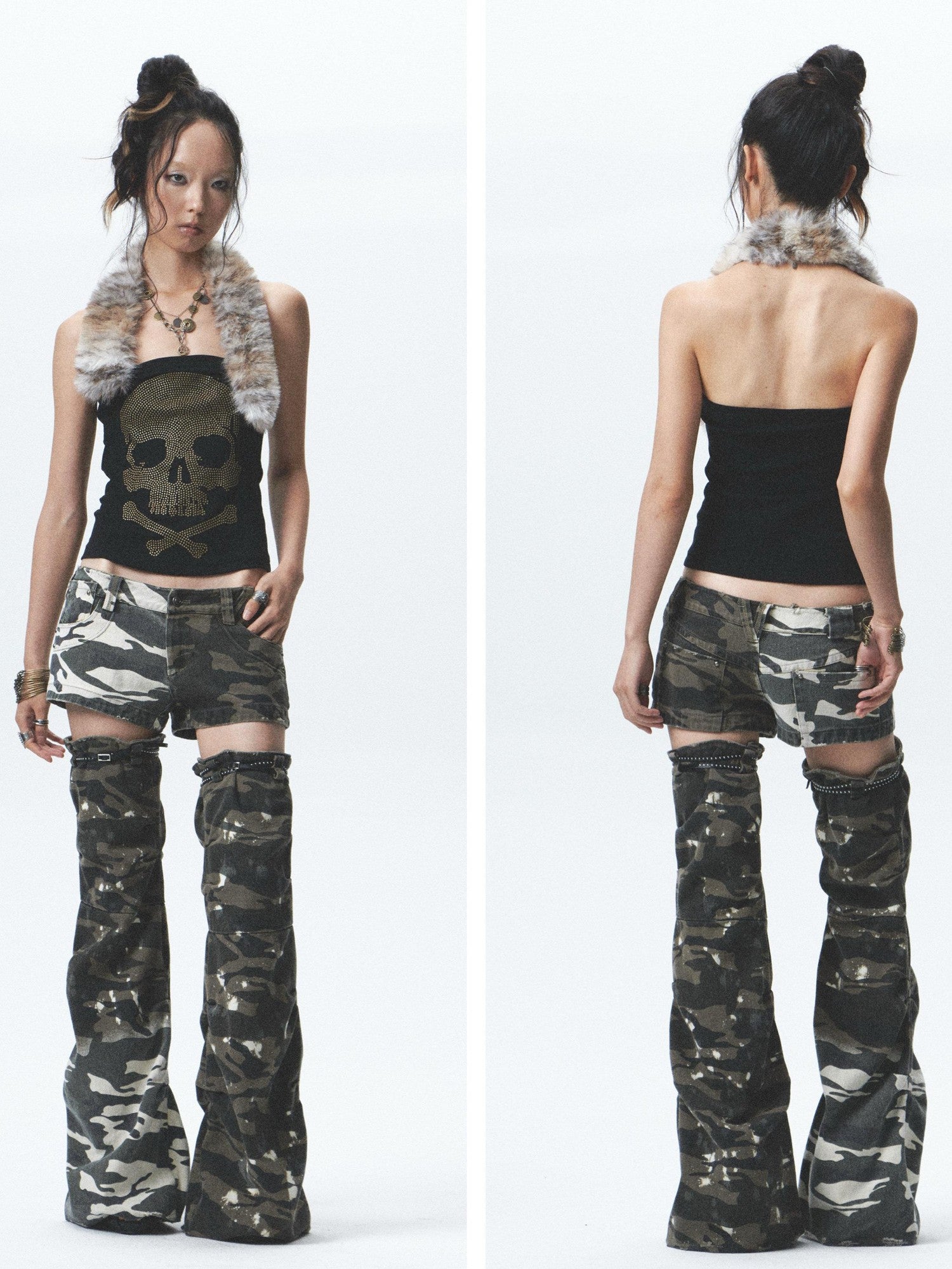 NONAME SPACE Rhinestone Detachable Two Tone Plush Splice Women&