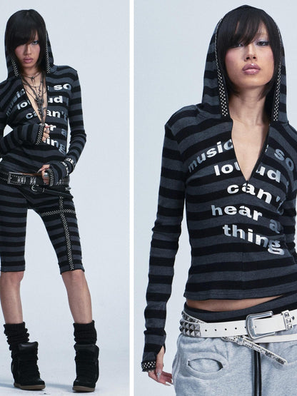 NONAME SPACE Rivet Print Hooded Thumbhole Women&