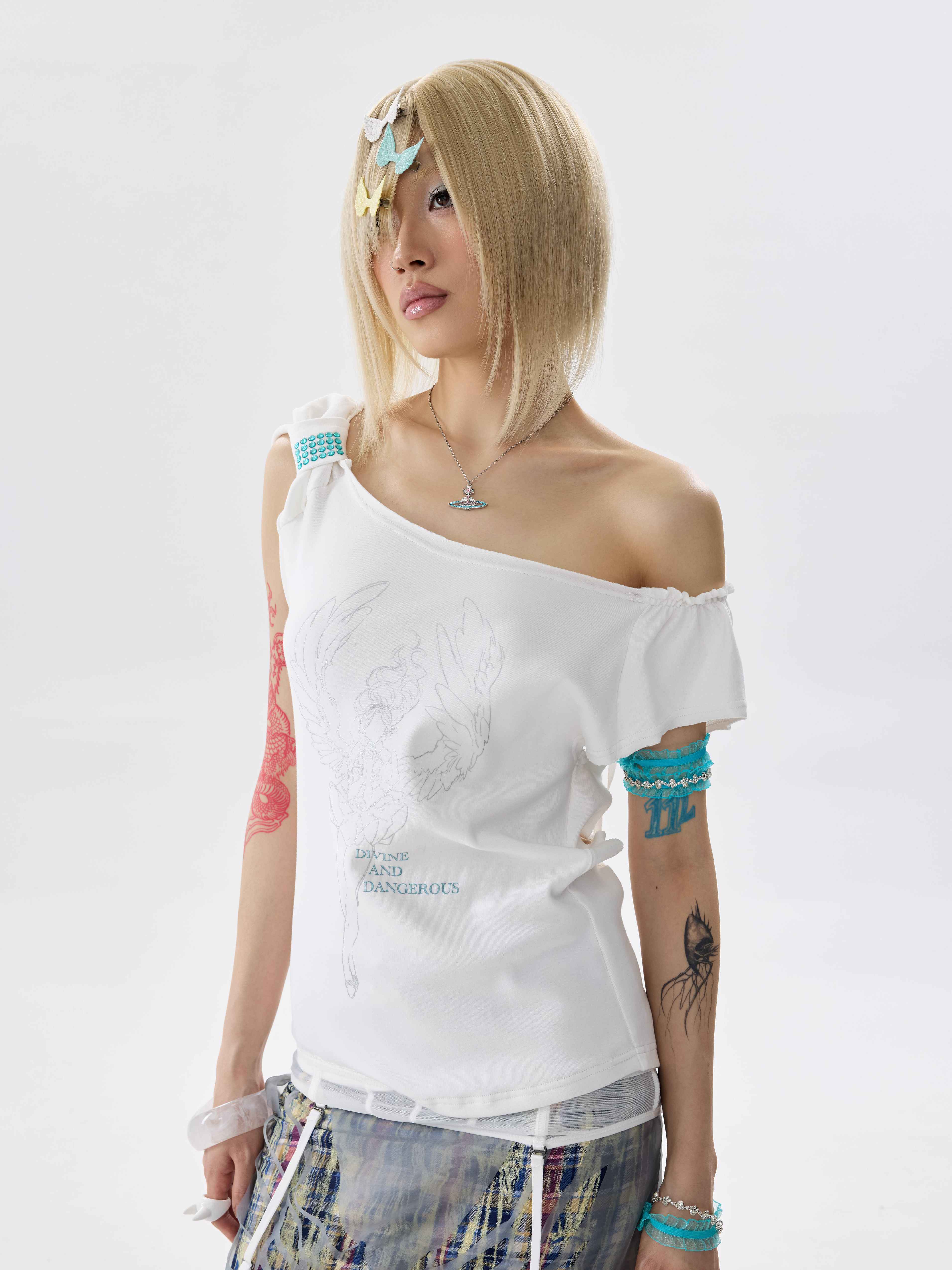 NONAME_SPACE_Ruched_Rhinestone_Wing_Cutout_One_Shoulder_Women&
