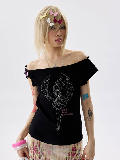 NONAME SPACE Ruched Rhinestone Wing Cutout One Shoulder Women&