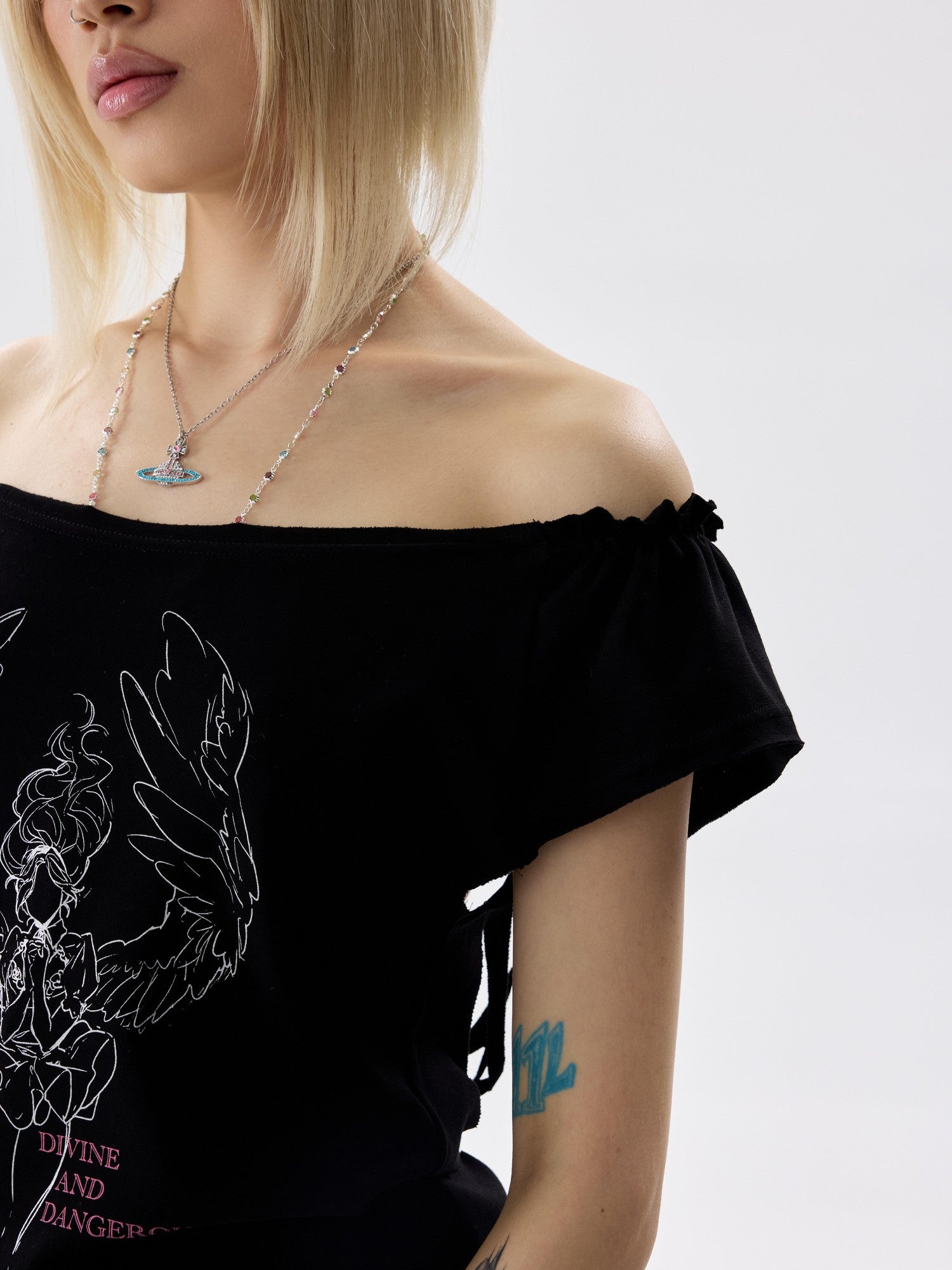 NONAME SPACE Ruched Rhinestone Wing Cutout One Shoulder Women&