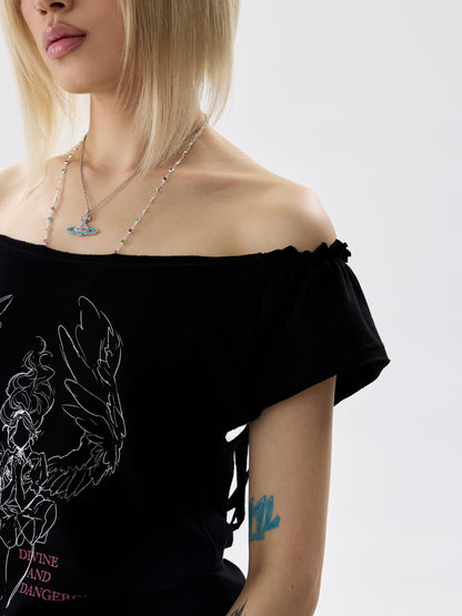 NONAME SPACE Ruched Rhinestone Wing Cutout One Shoulder Women&