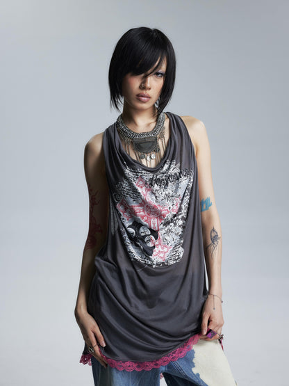 NONAME SPACE Sheer Draped Neck Printed A Line Narrow Strap Women&