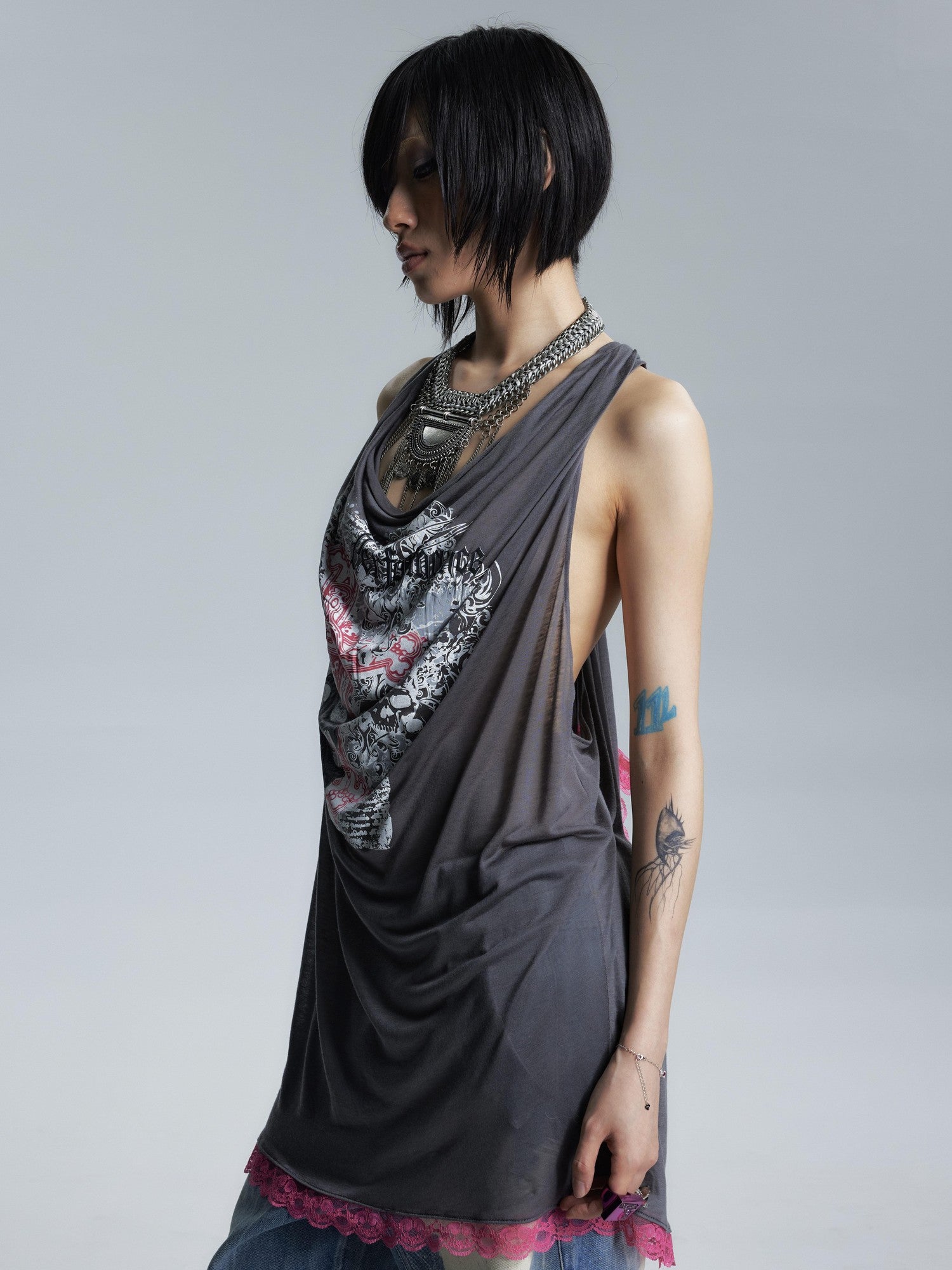 NONAME SPACE Sheer Draped Neck Printed A Line Narrow Strap Women&