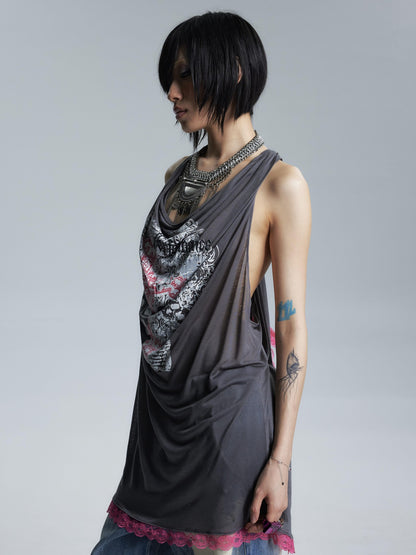 NONAME SPACE Sheer Draped Neck Printed A Line Narrow Strap Women&