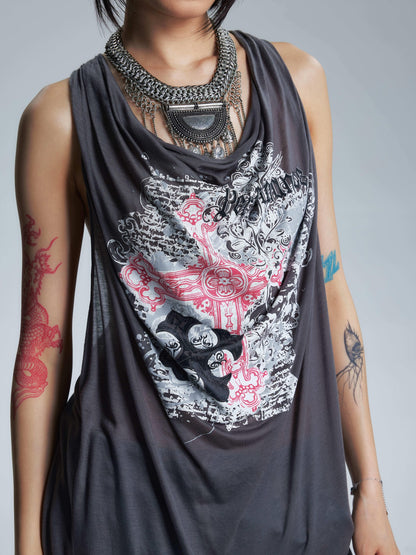 NONAME SPACE Sheer Draped Neck Printed A Line Narrow Strap Women&