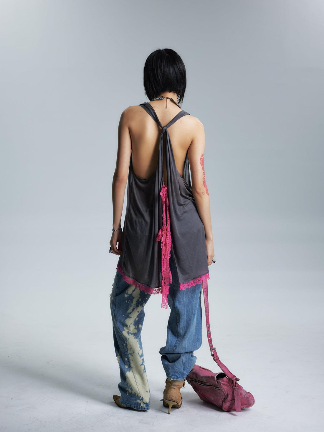 NONAME SPACE Sheer Draped Neck Printed A Line Narrow Strap Women&