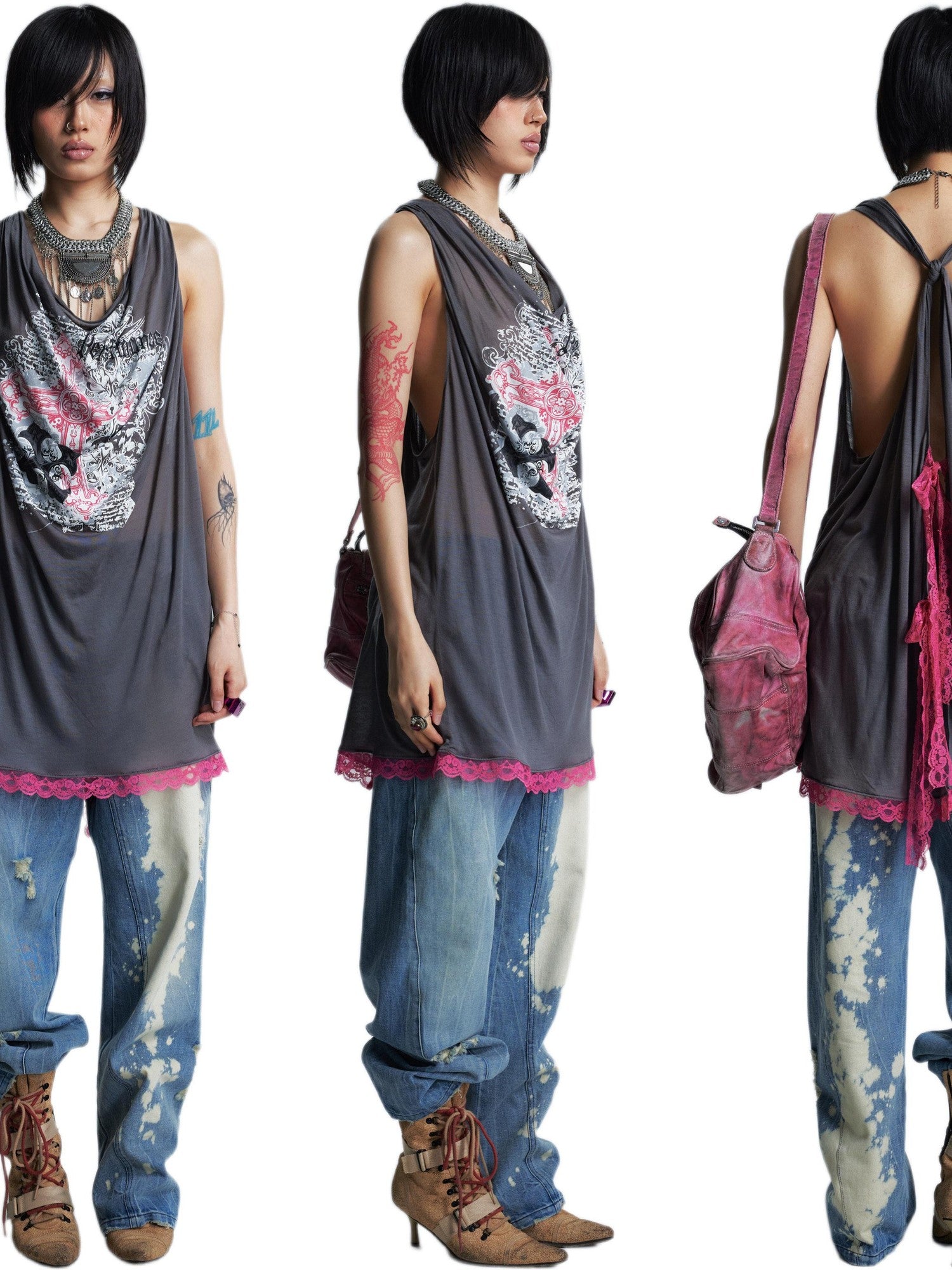 NONAME SPACE Sheer Draped Neck Printed A Line Narrow Strap Women&